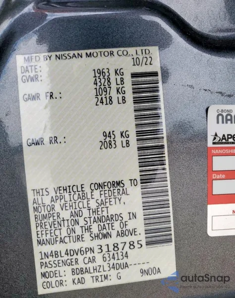 2023 Nissan Altima Sv z USA, uszkodzony, nr VIN 1N4BL4DV6PN318785